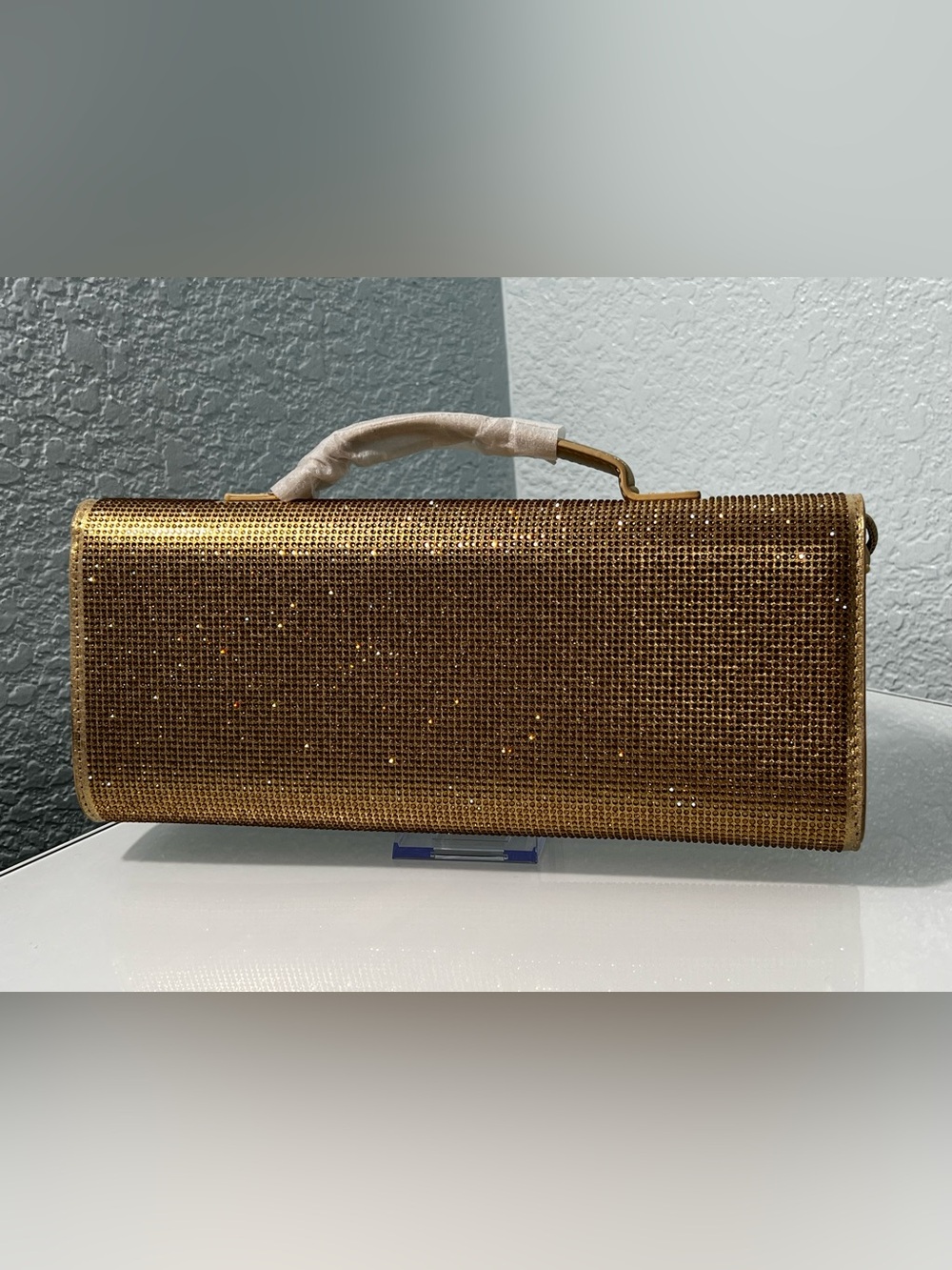Gold Rhinestone Clutch Handbag purse elegant elongated evening bag crossbody - Picture 4 of 13